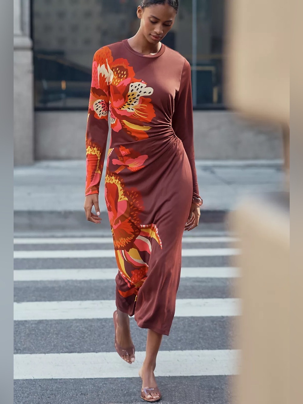 Farm Rio x Anthropologie Long-Sleeve Jersey Midi Dress in Lucia Floral